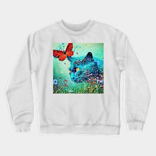 Blue cat and butterfly Crewneck Sweatshirt